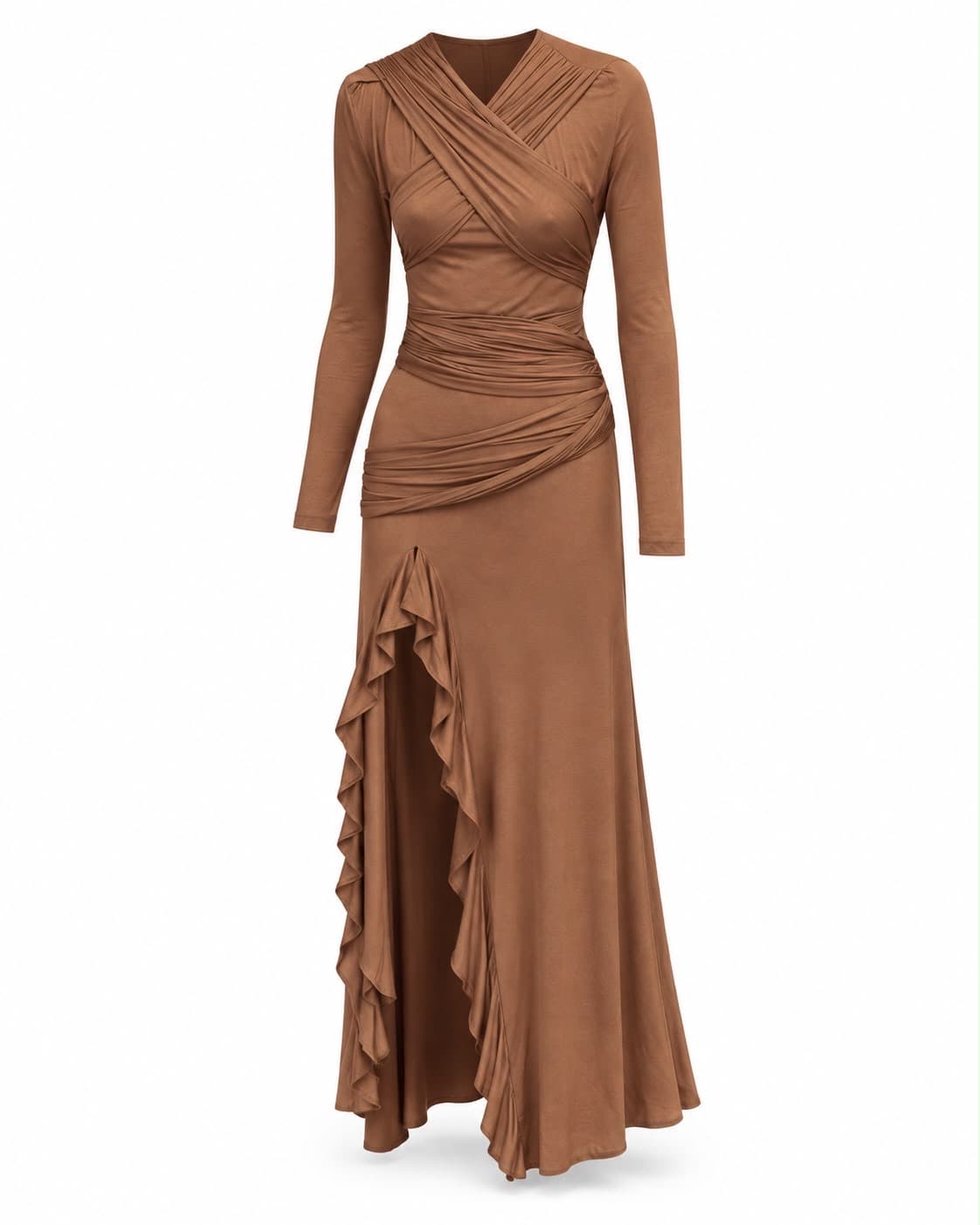 Camel jersey dress, front view, full length with ruffled slit
