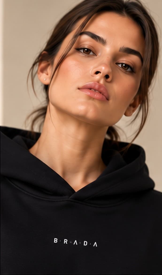 Close view of the neckline and the white BRADA wordmark at the chest