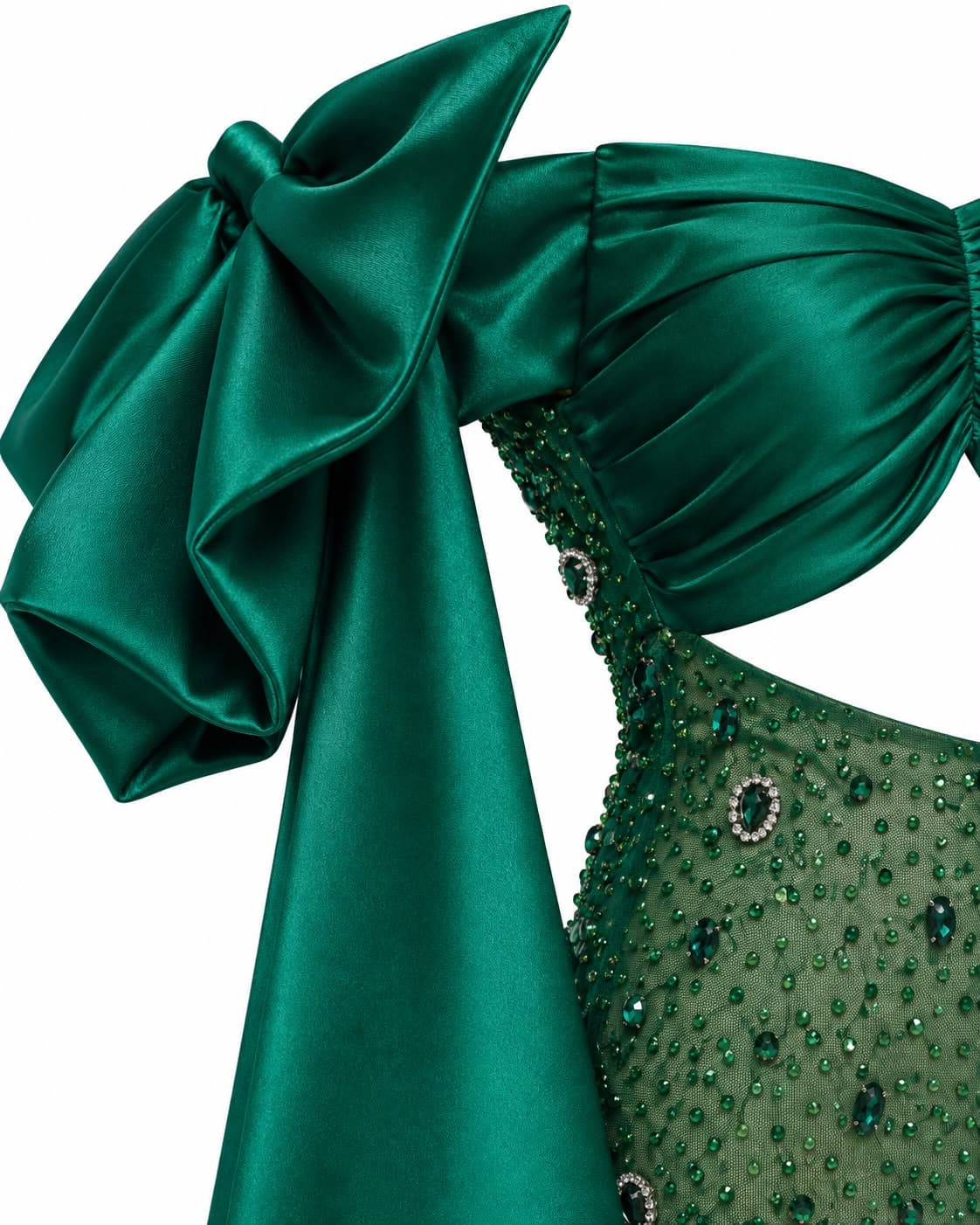 Satin bow and crystal beading detail