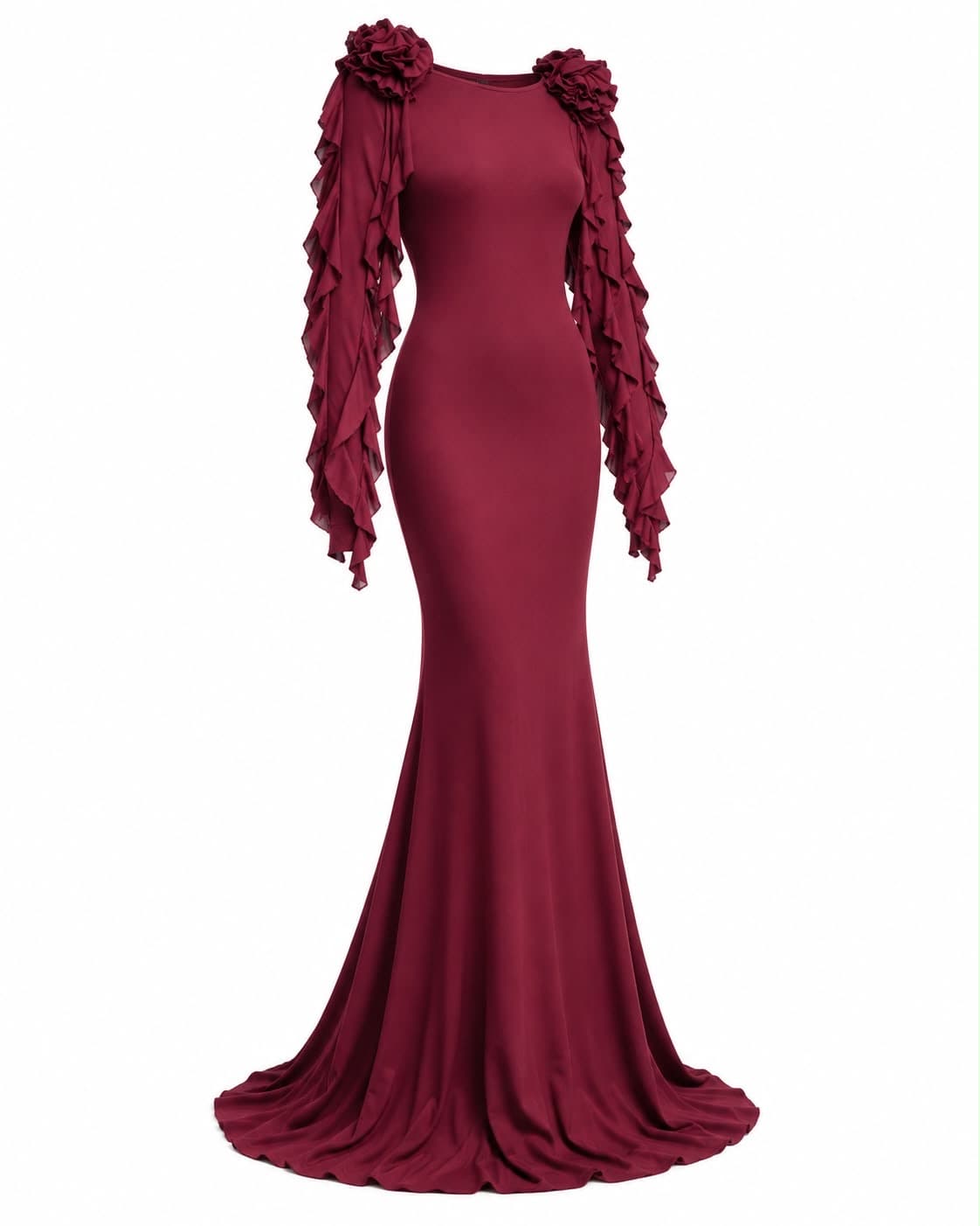 Bordeaux jersey gown, front view, ruffle trim running down both sleeves to a flared hem