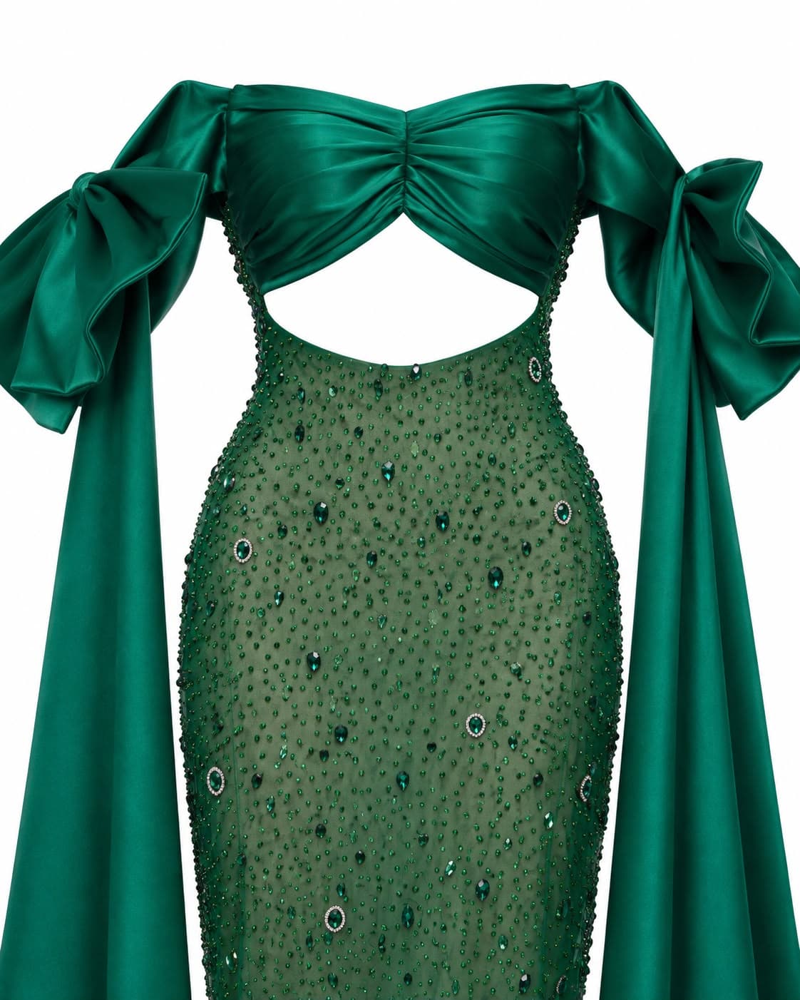 Cut-out bodice and off-the-shoulder satin bows