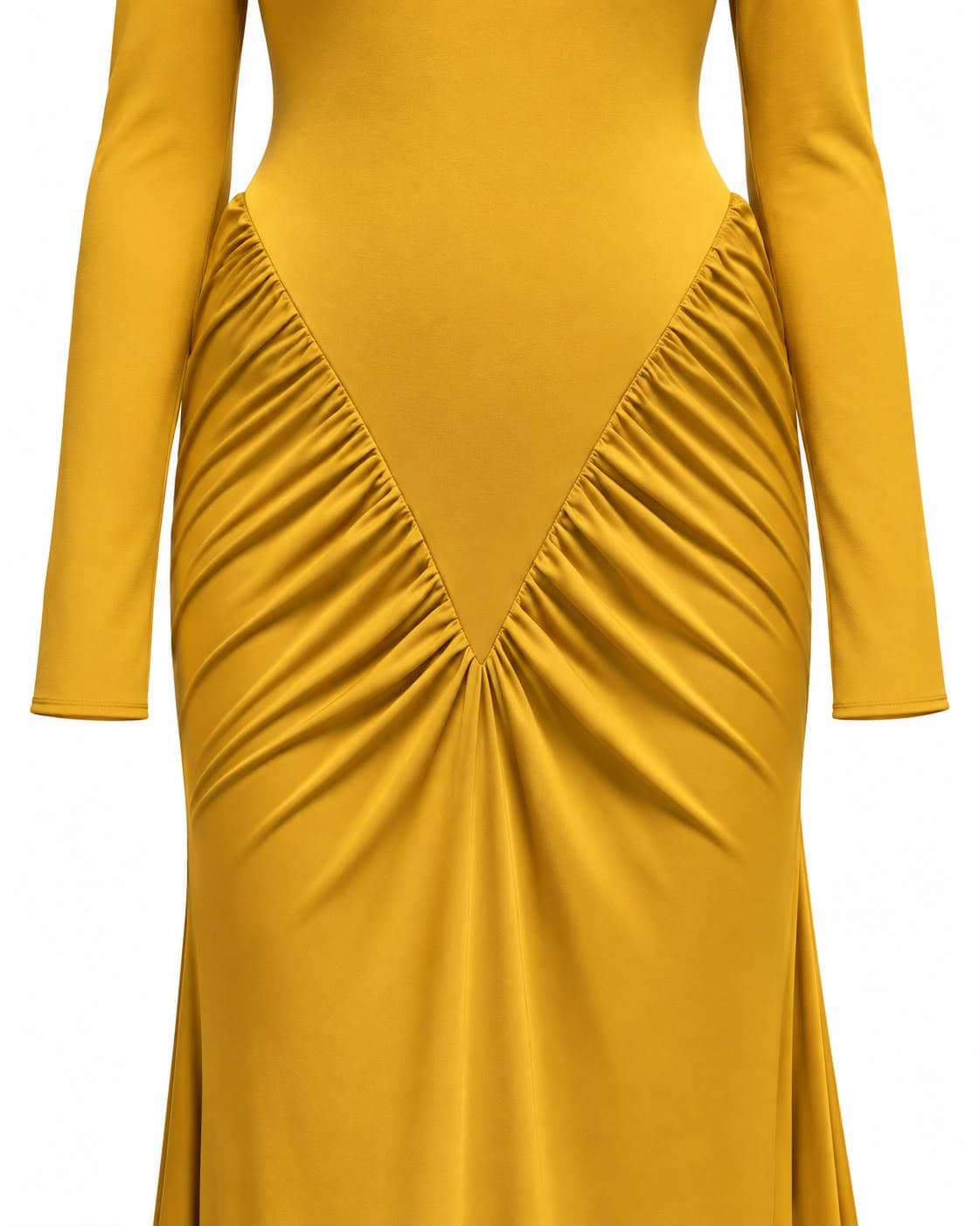Close-up of the V-shaped ruched panel at the hip of the saffron jersey gown