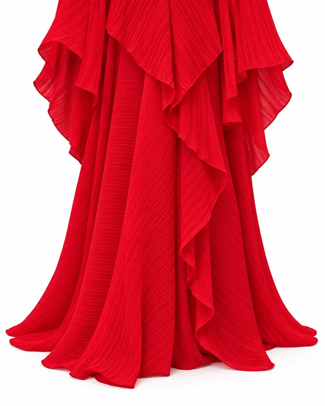 Close-up of the ruffled front opening and pleated skirt of the red kaftan