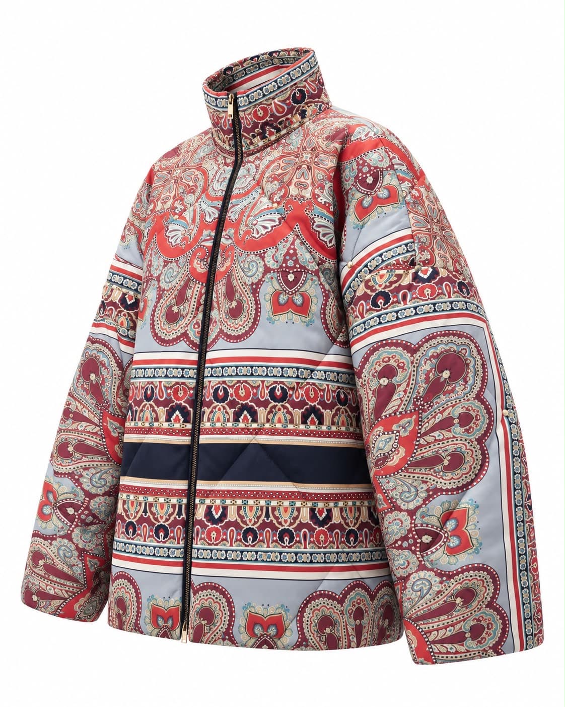 Paisley puffer jacket, three-quarter view, showing the boxy cut and stand collar