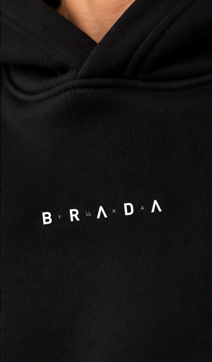 Detail of the white BRADA wordmark printed on the chest