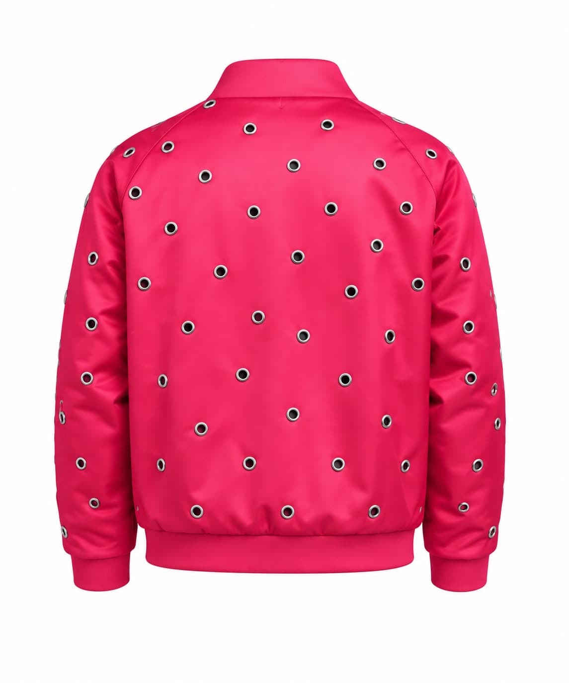 Fuchsia eyelet bomber jacket, back view