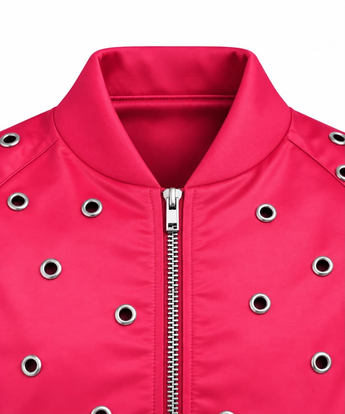 Close-up of the ribbed stand collar and silver zip of the fuchsia eyelet bomber jacket