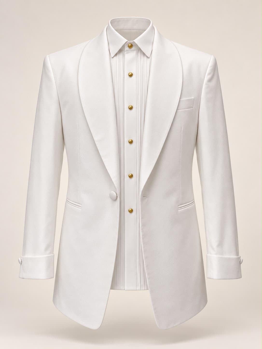 White tuxedo jacket worn open over a pleated dress shirt, front view