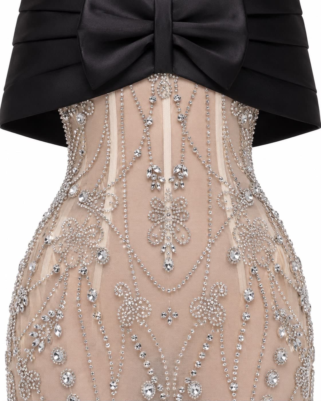 Beaded bodice beneath the black satin bandeau