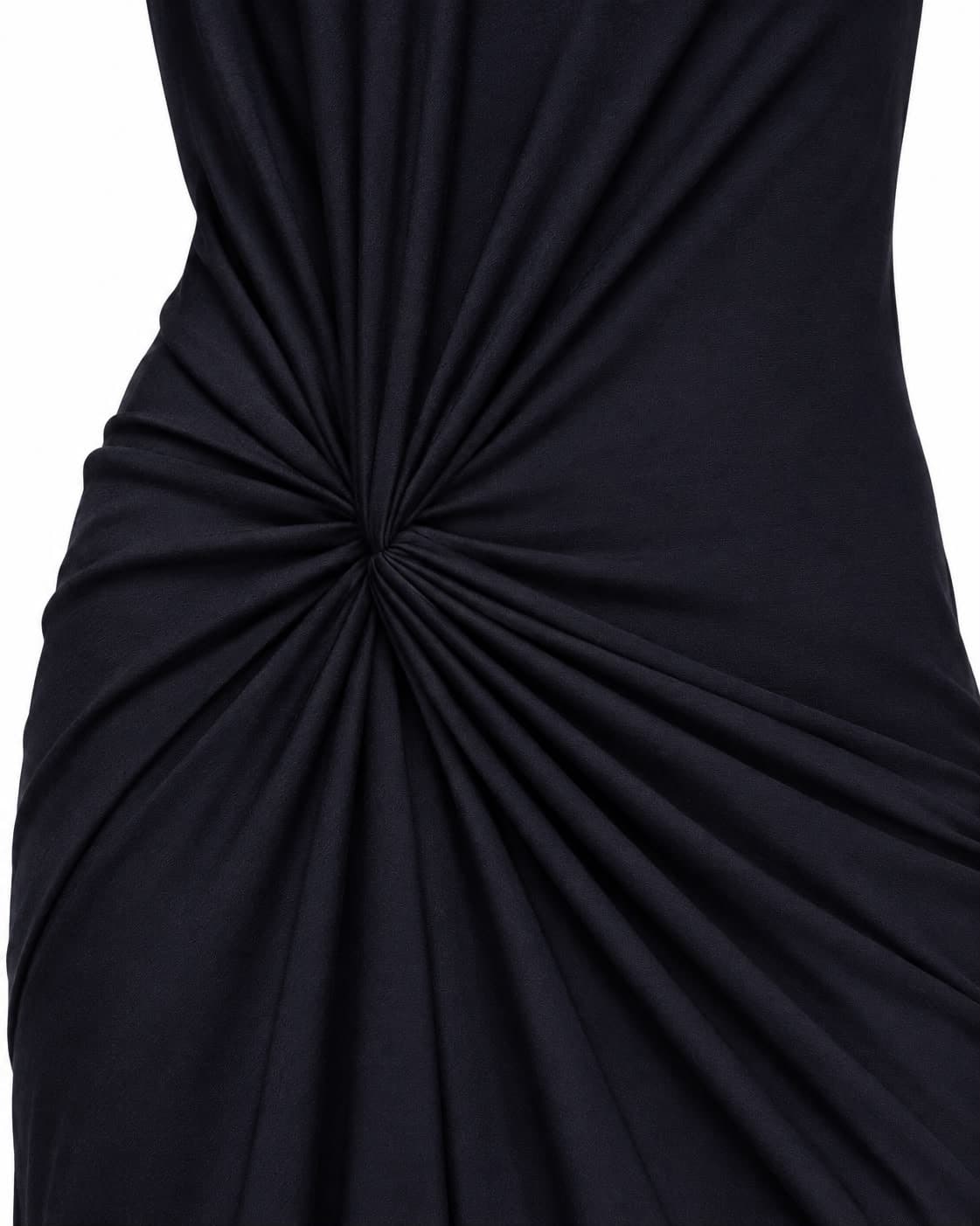 Close-up of the twist knot at the waist of the navy jersey dress