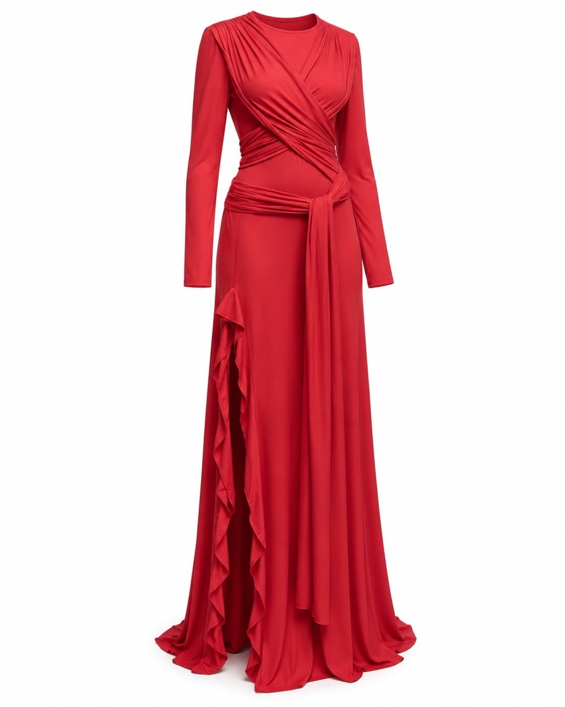 Red jersey gown, three-quarter view, showing the waist tie and the ruffle along the slit