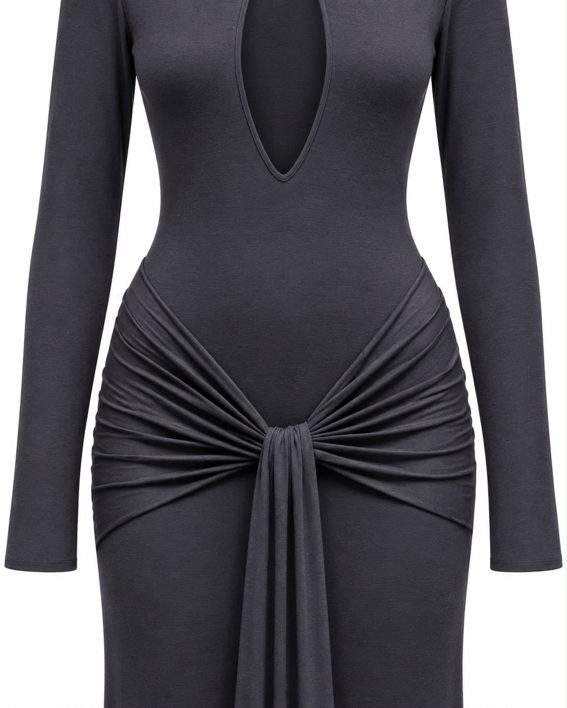 Close-up of the keyhole neckline and knotted waist of the anthracite gown