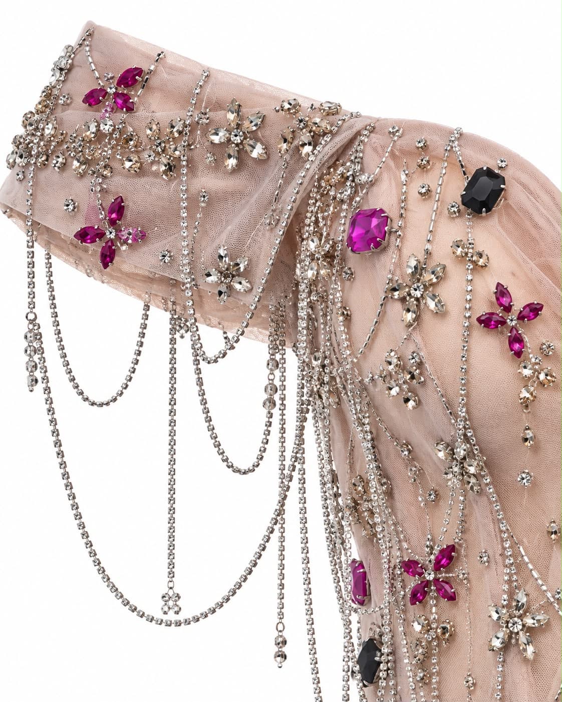 Off-the-shoulder sleeve with crystal chain drapery