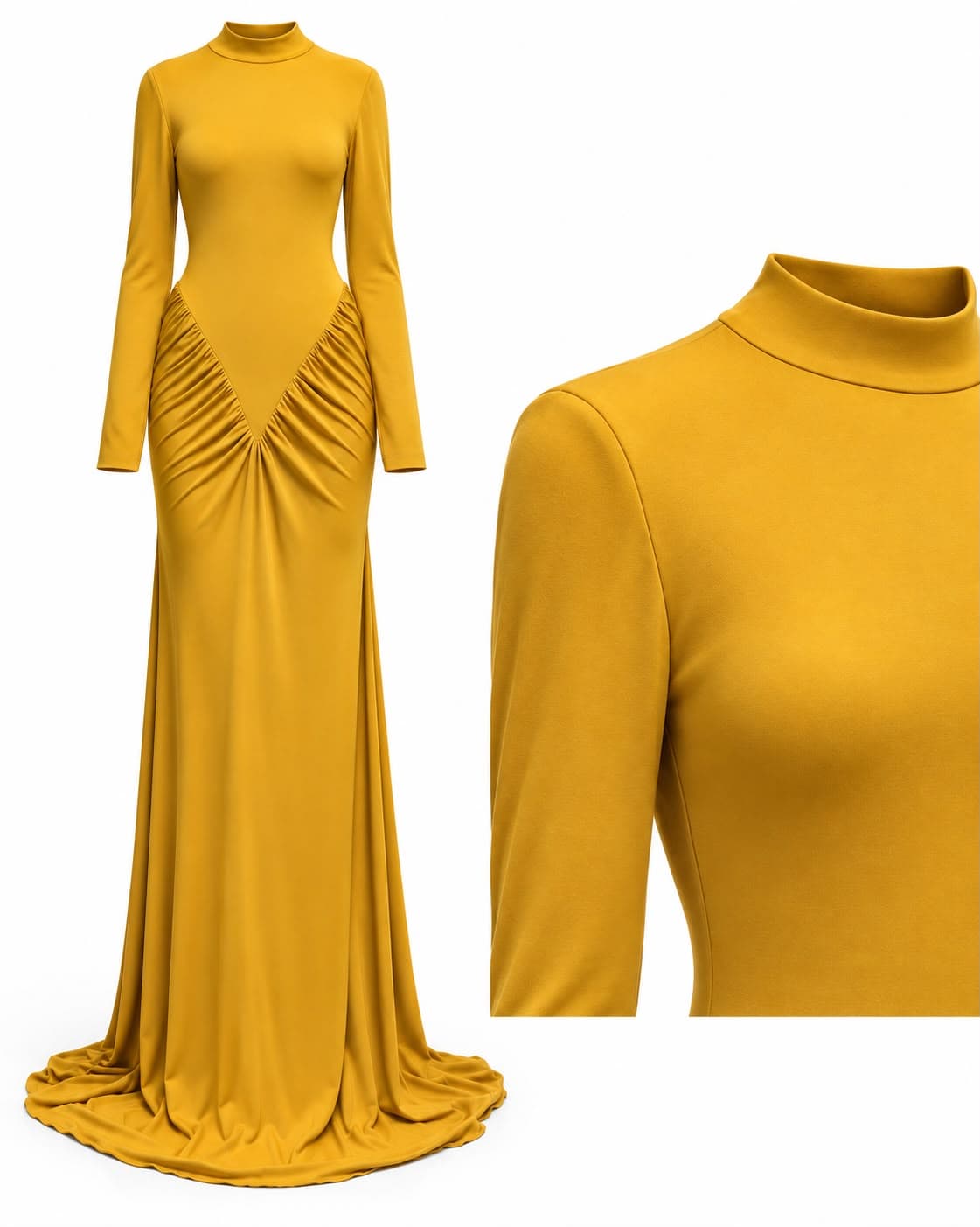 Saffron gown full front beside a close-up of the mock neck collar, shoulder and sleeve