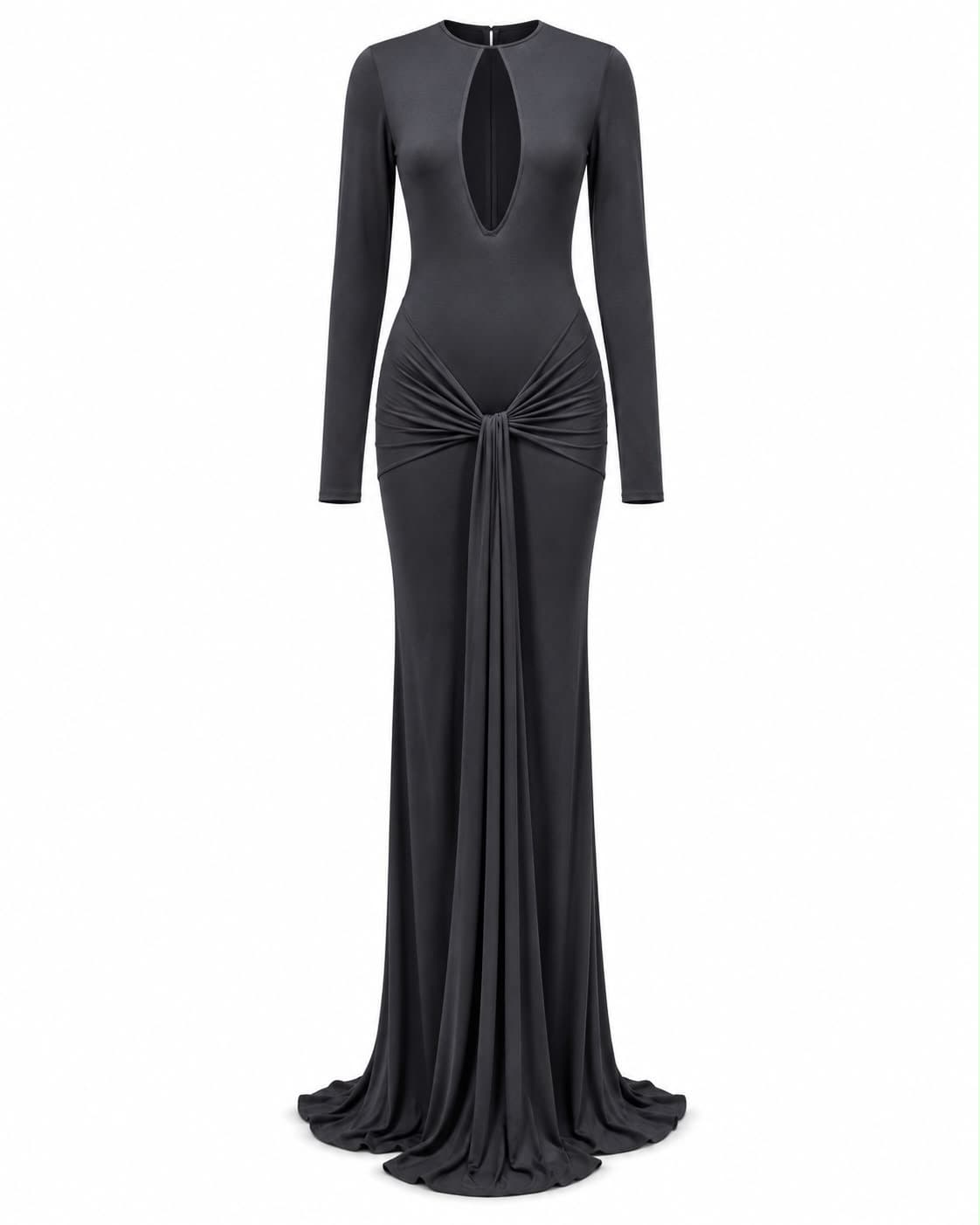 Anthracite jersey gown, three-quarter view, showing the knot and the fall of the skirt