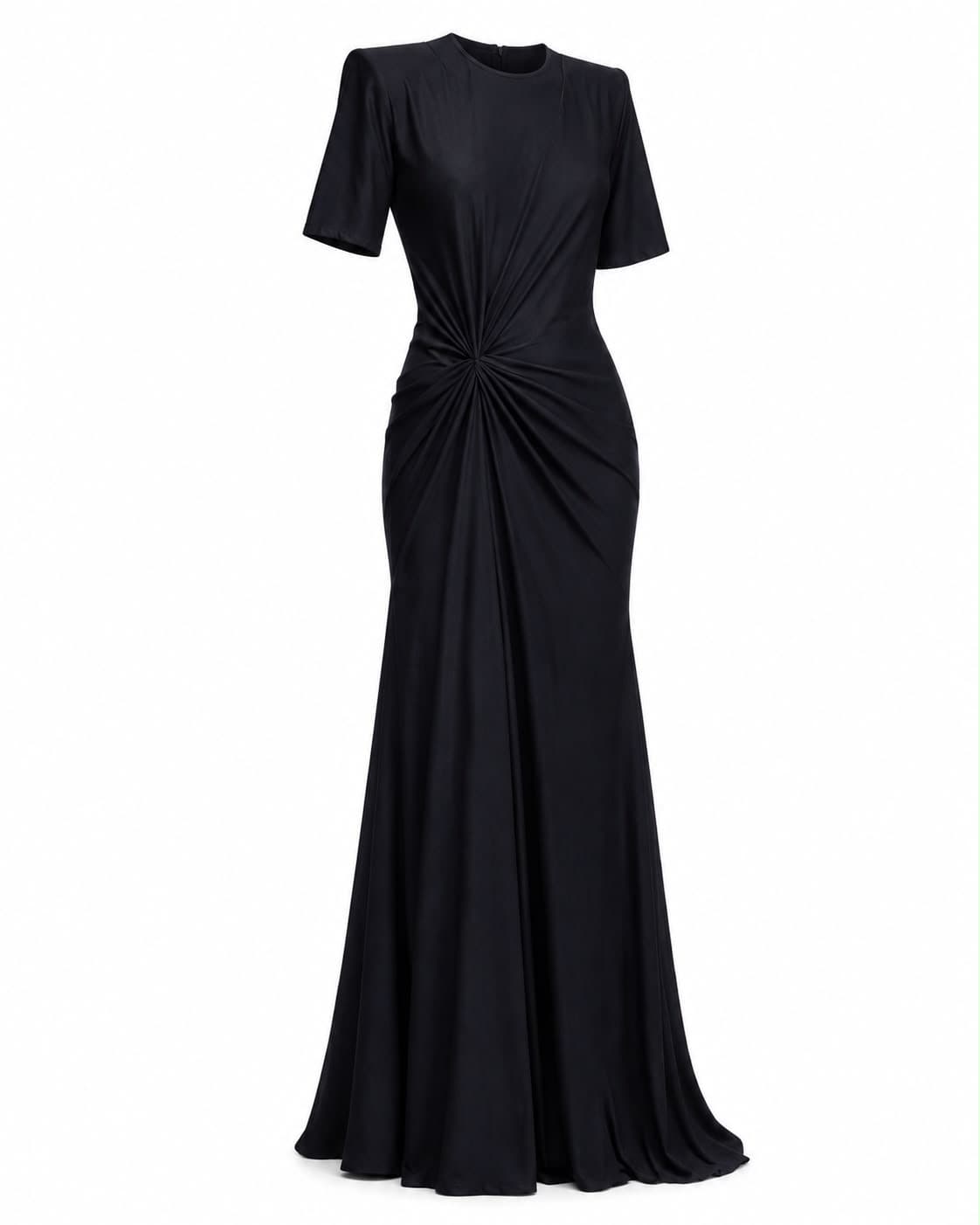 Navy jersey dress, front view, full length
