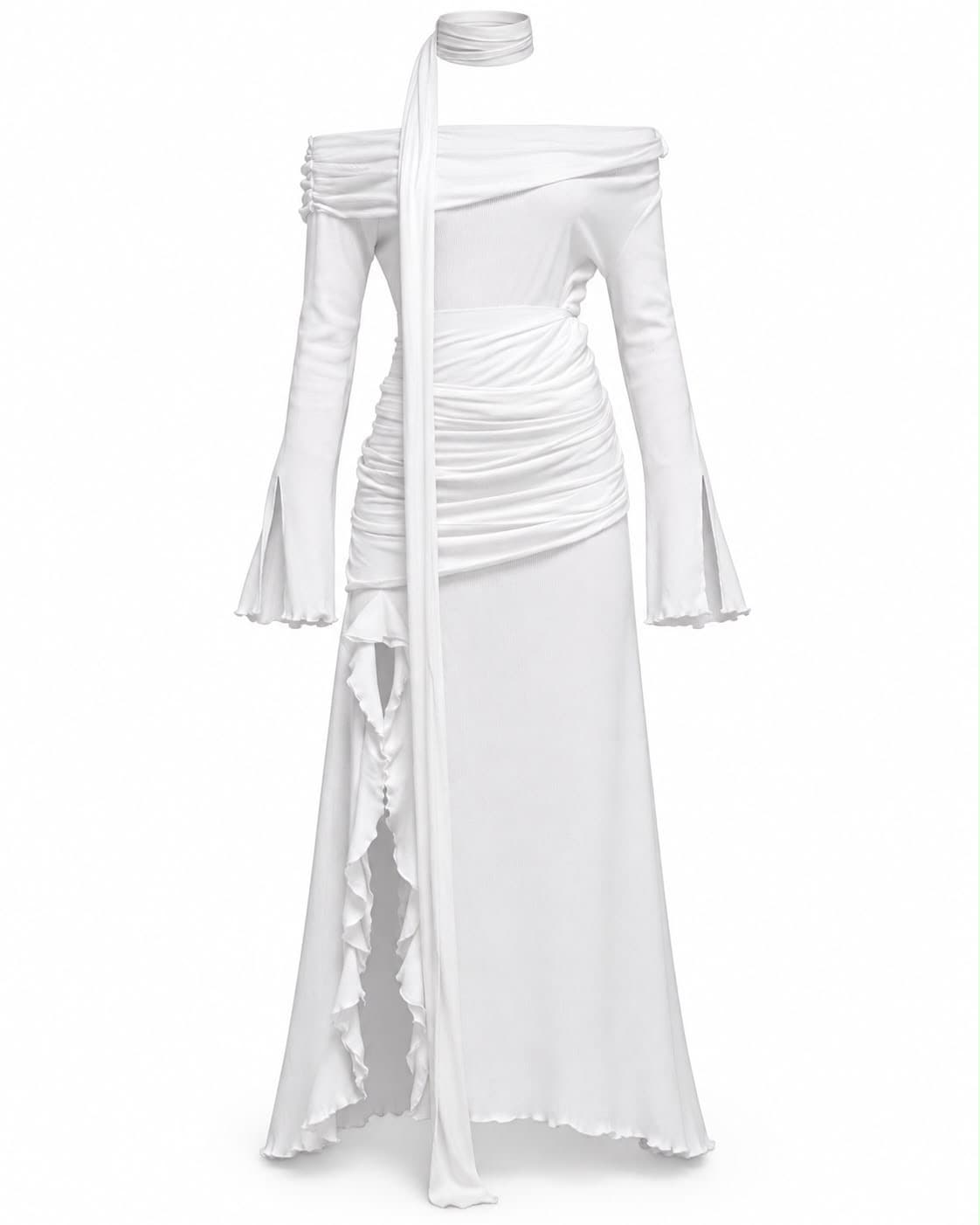 Ivory draped jersey dress, front view, with scarf panel and asymmetric handkerchief hem