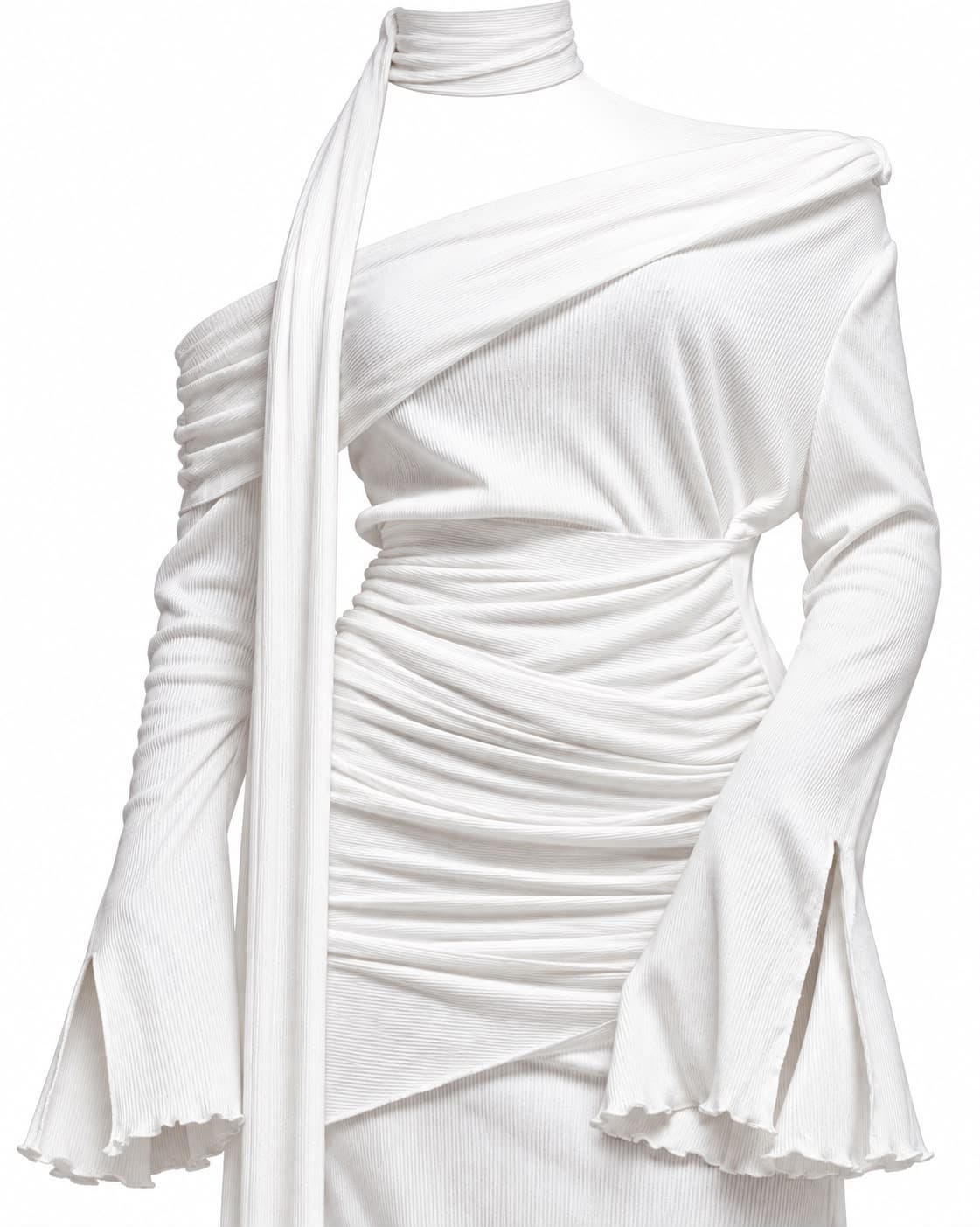 Close-up of the ruched drape and scarf detail on the ivory jersey dress