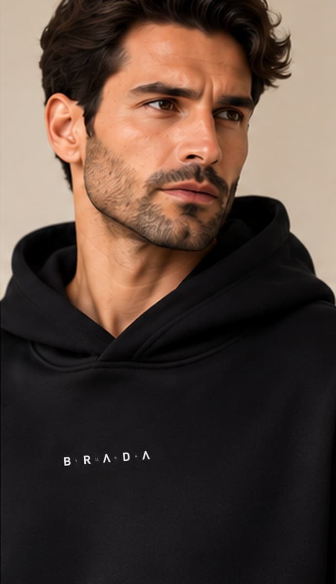 Brada Man Hoodie worn, close view of the neckline and wordmark