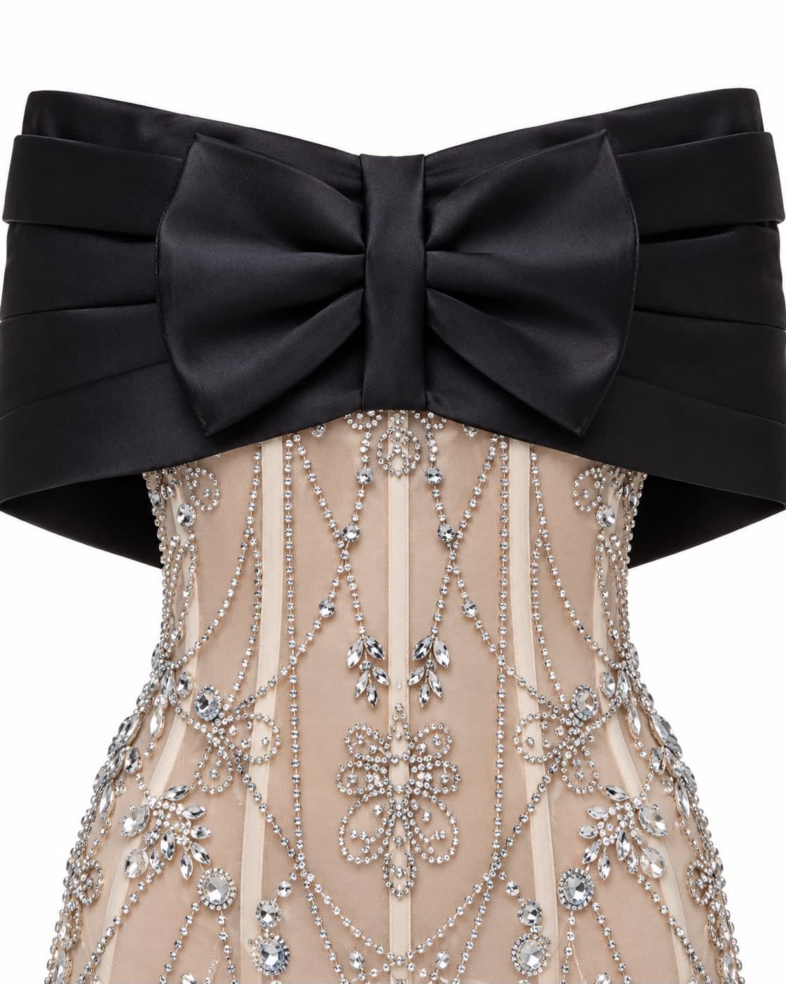 Oversized black satin bow at the bust