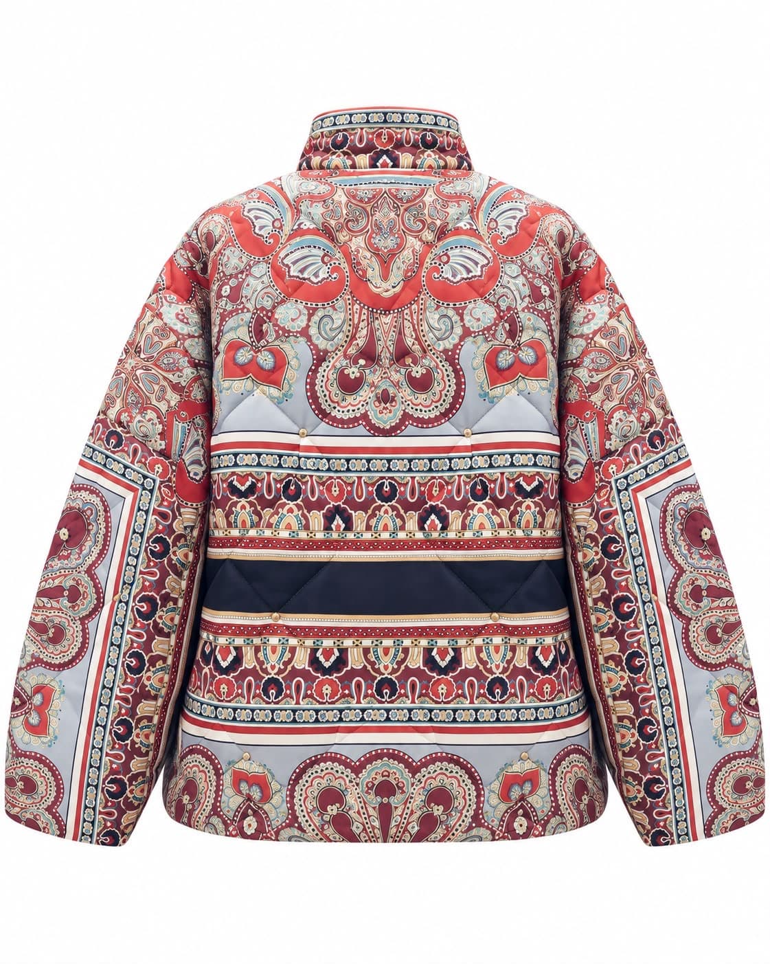 Paisley puffer jacket, back view, showing the navy band across the back
