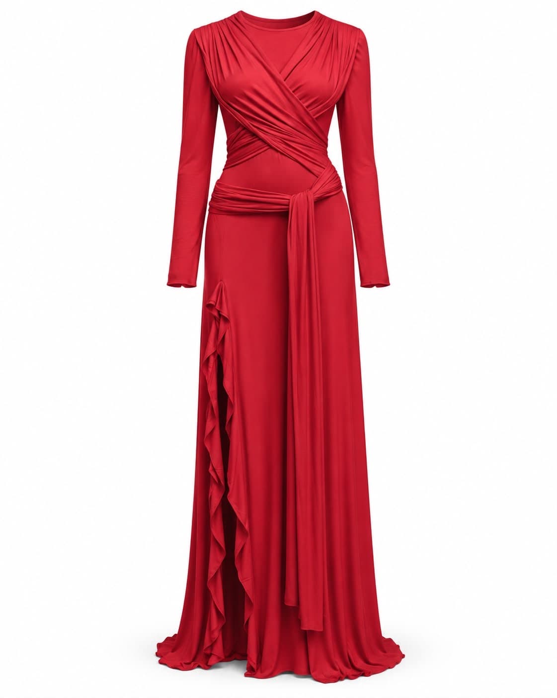 Red floor-length jersey gown, front view, showing the cross-draped bodice and ruffled slit