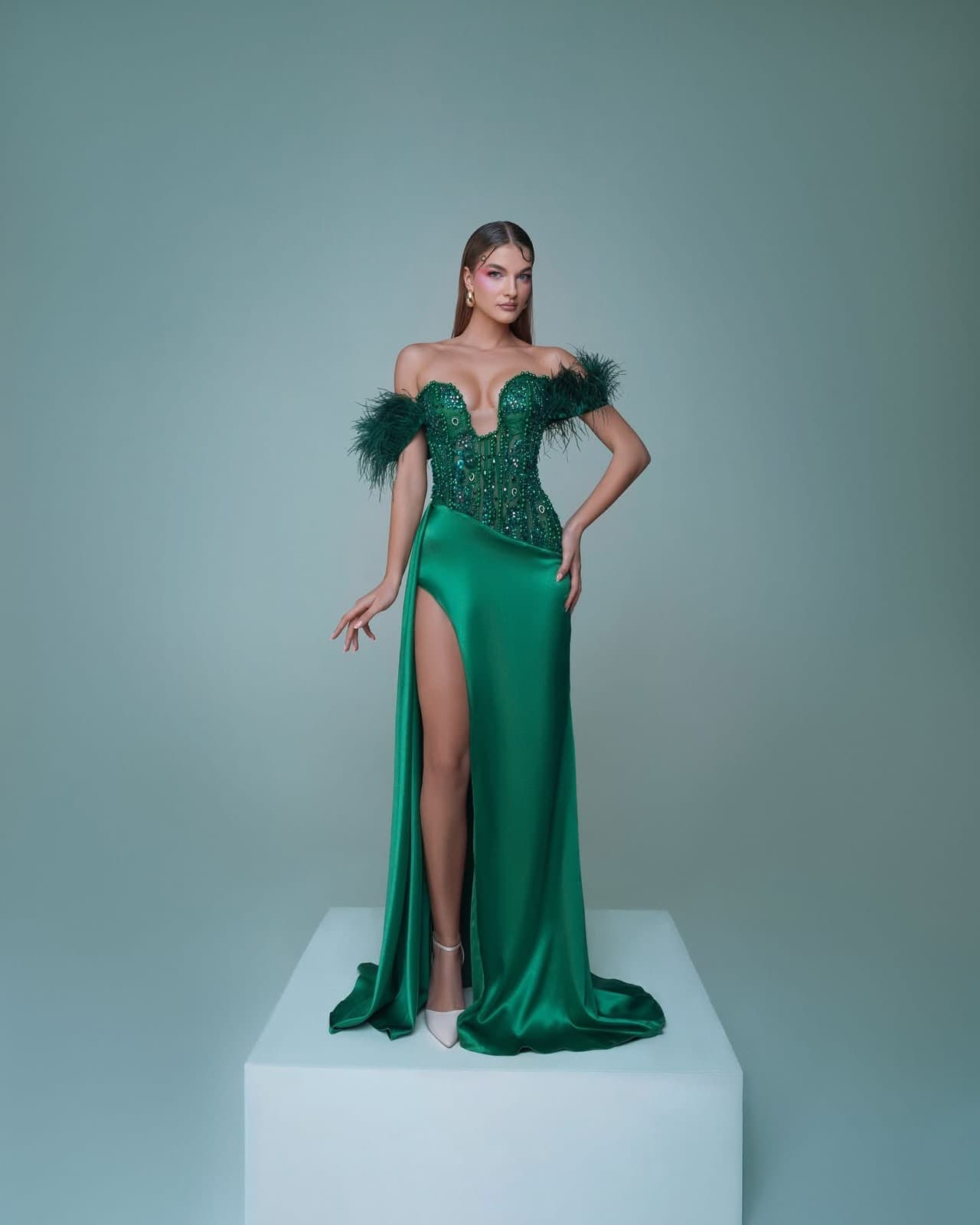 Plume Émeraude Gown worn, full length with the front slit
