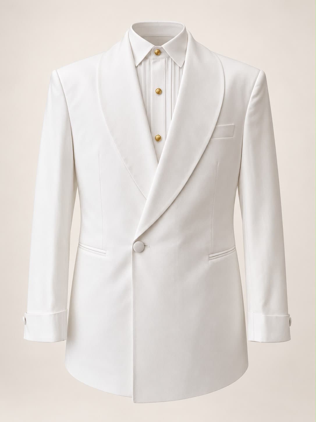 White shawl-lapel tuxedo jacket with gold buttons over a pleated shirt, front view