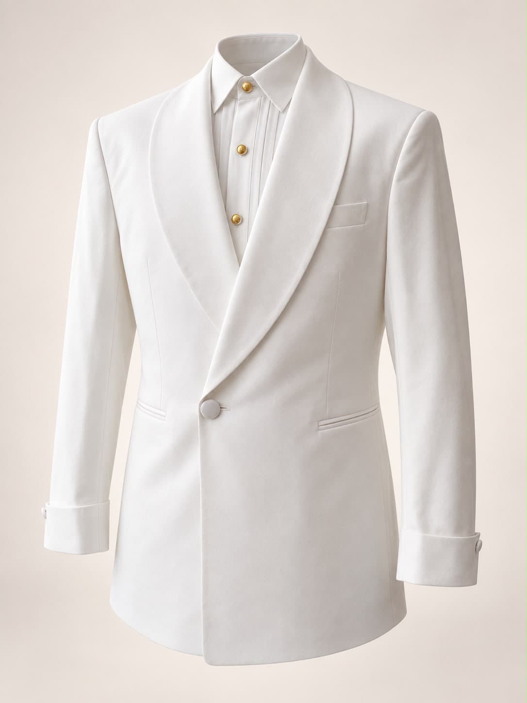 White shawl-lapel tuxedo jacket, front view, buttoned