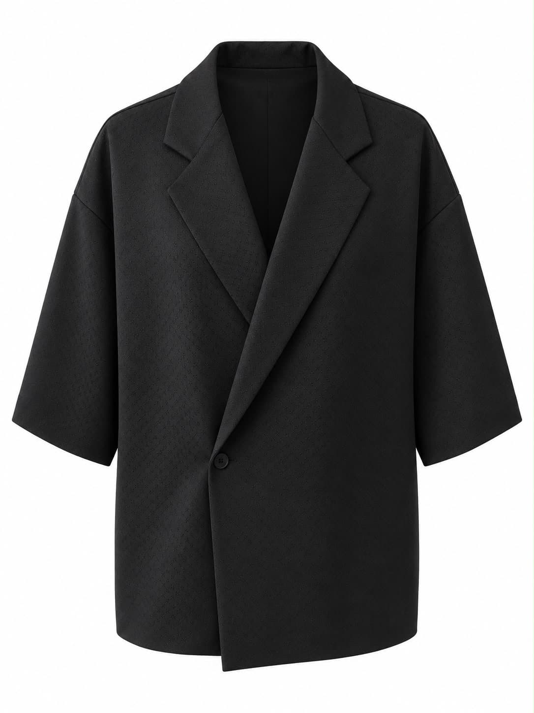 Black oversized short-sleeve suit jacket, front view