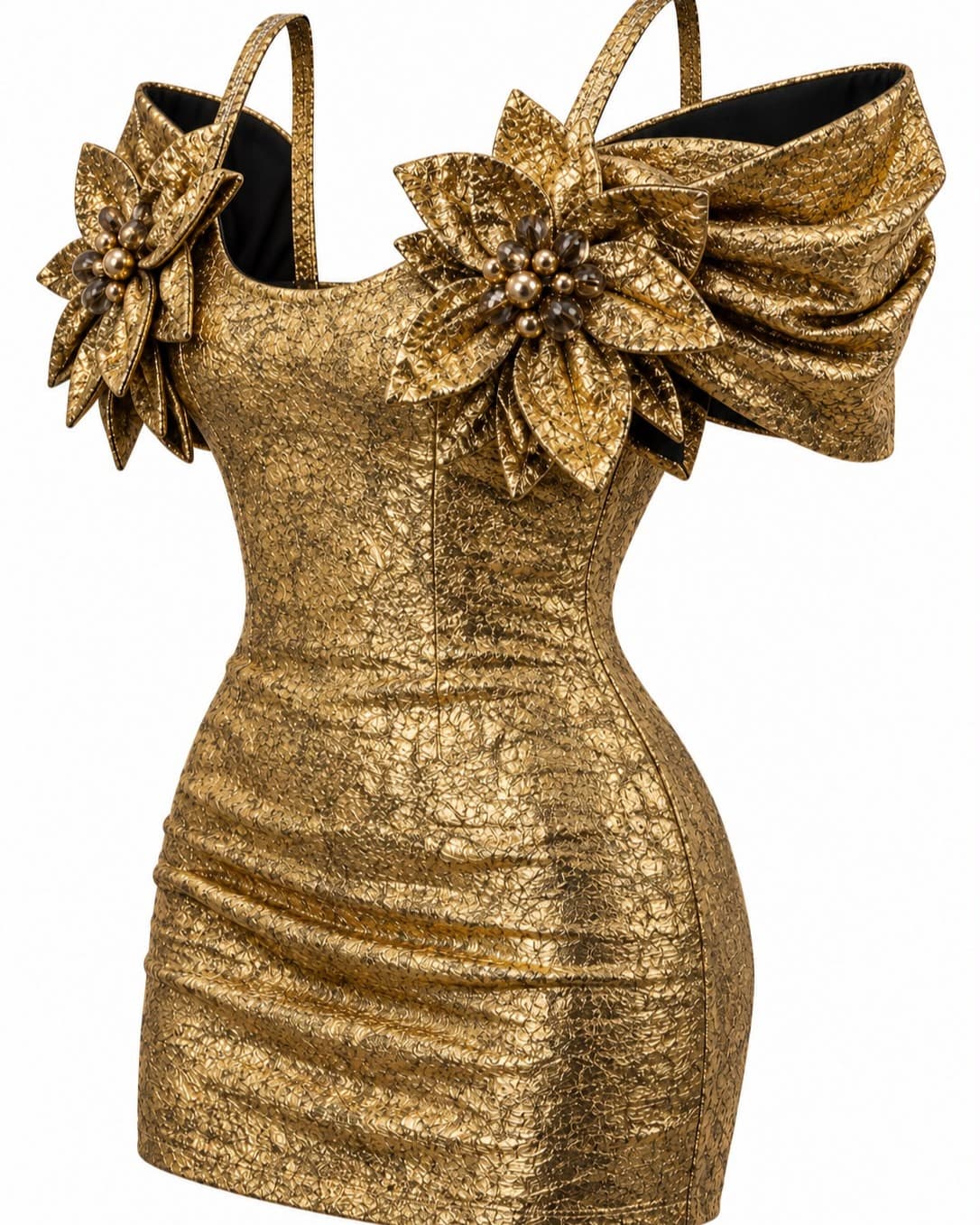 Golden Petal Mini Dress, three-quarter view