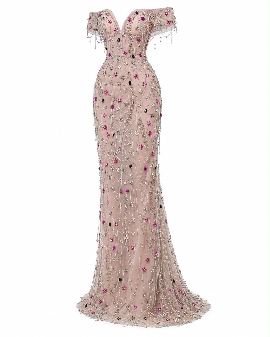 Rose Cristal Gown, front view on the stand