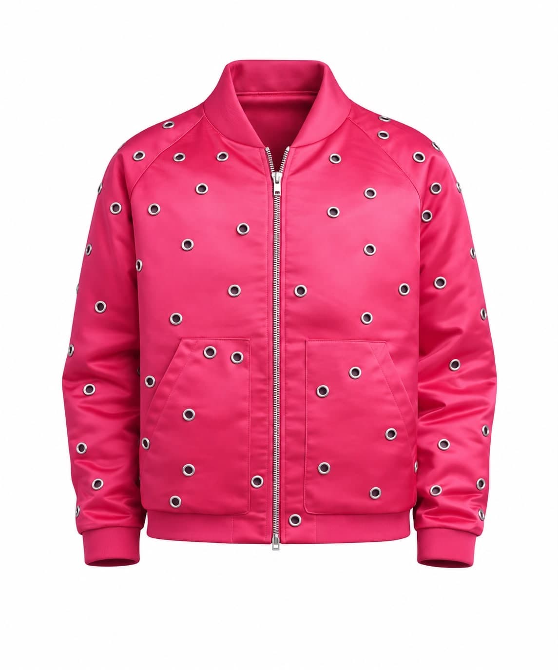 Fuchsia satin bomber jacket with silver eyelets, front view, zipped