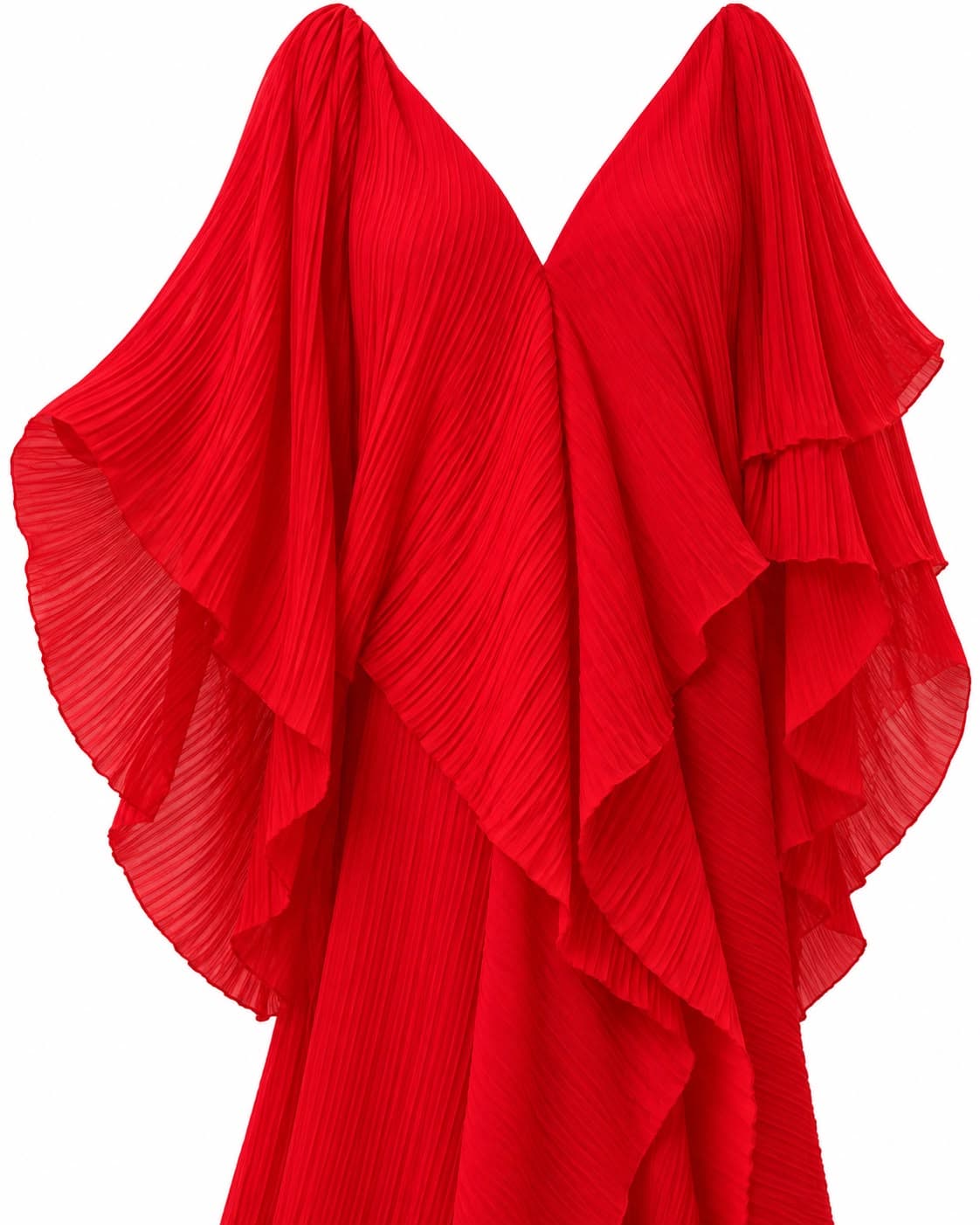 Close-up of the V neckline and layered ruffle cape sleeves of the red pleated kaftan