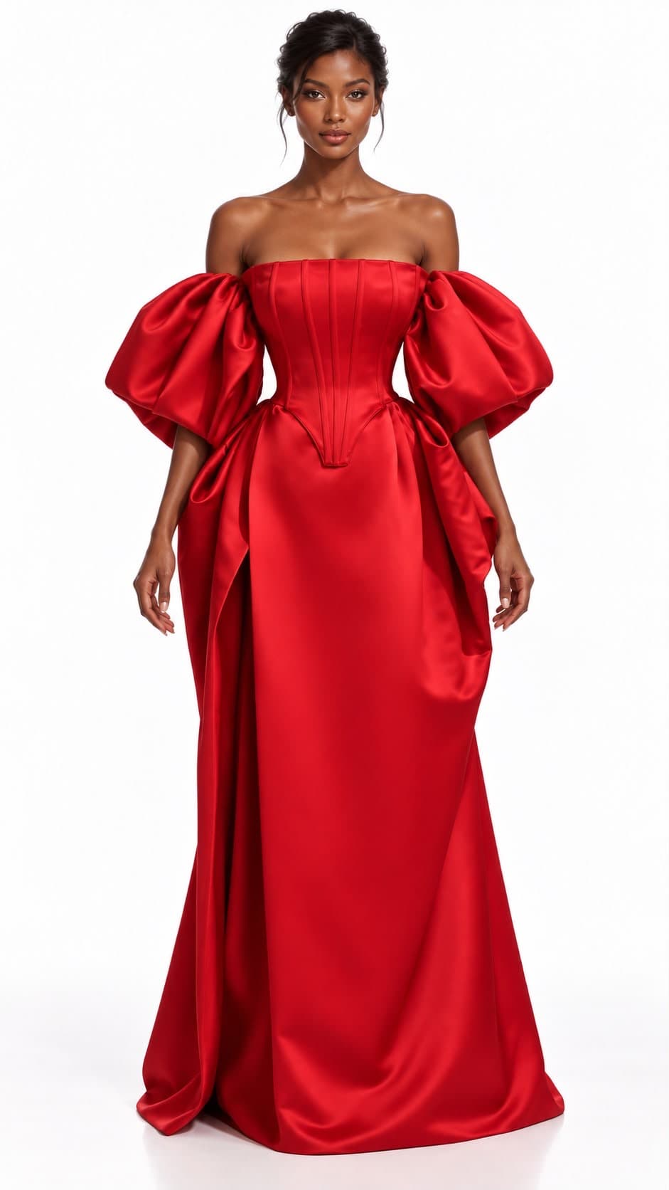 Model wearing the red satin corset gown with puff sleeves and draped overskirt