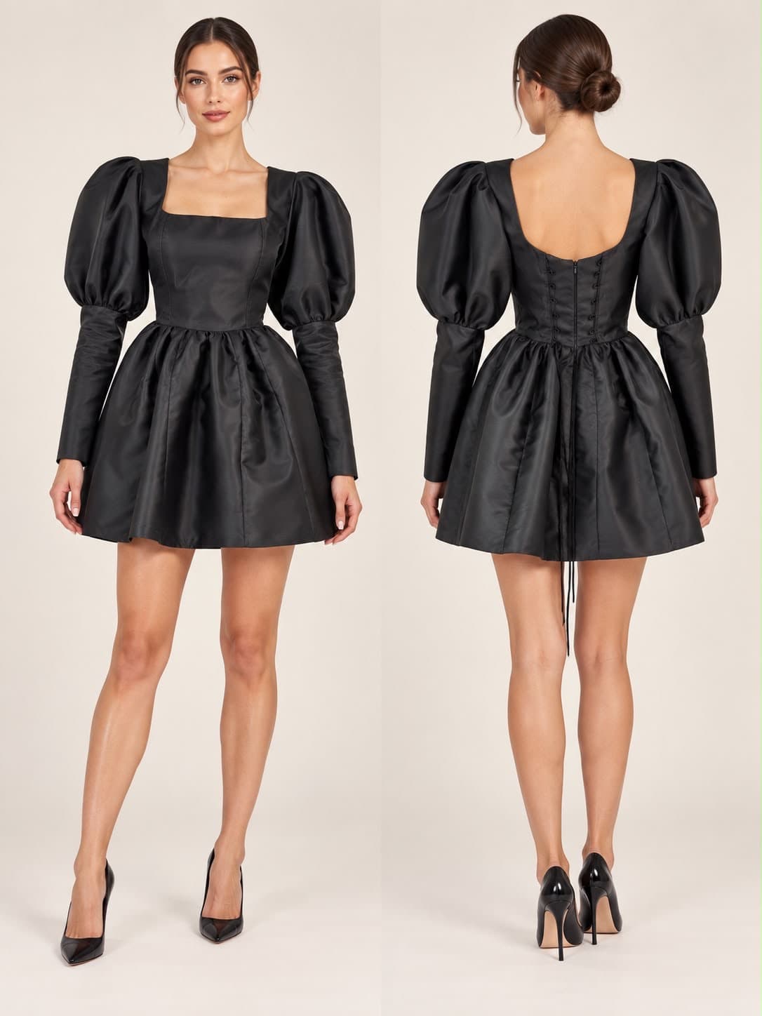Taffetas Noir Mini Dress worn, front and back views