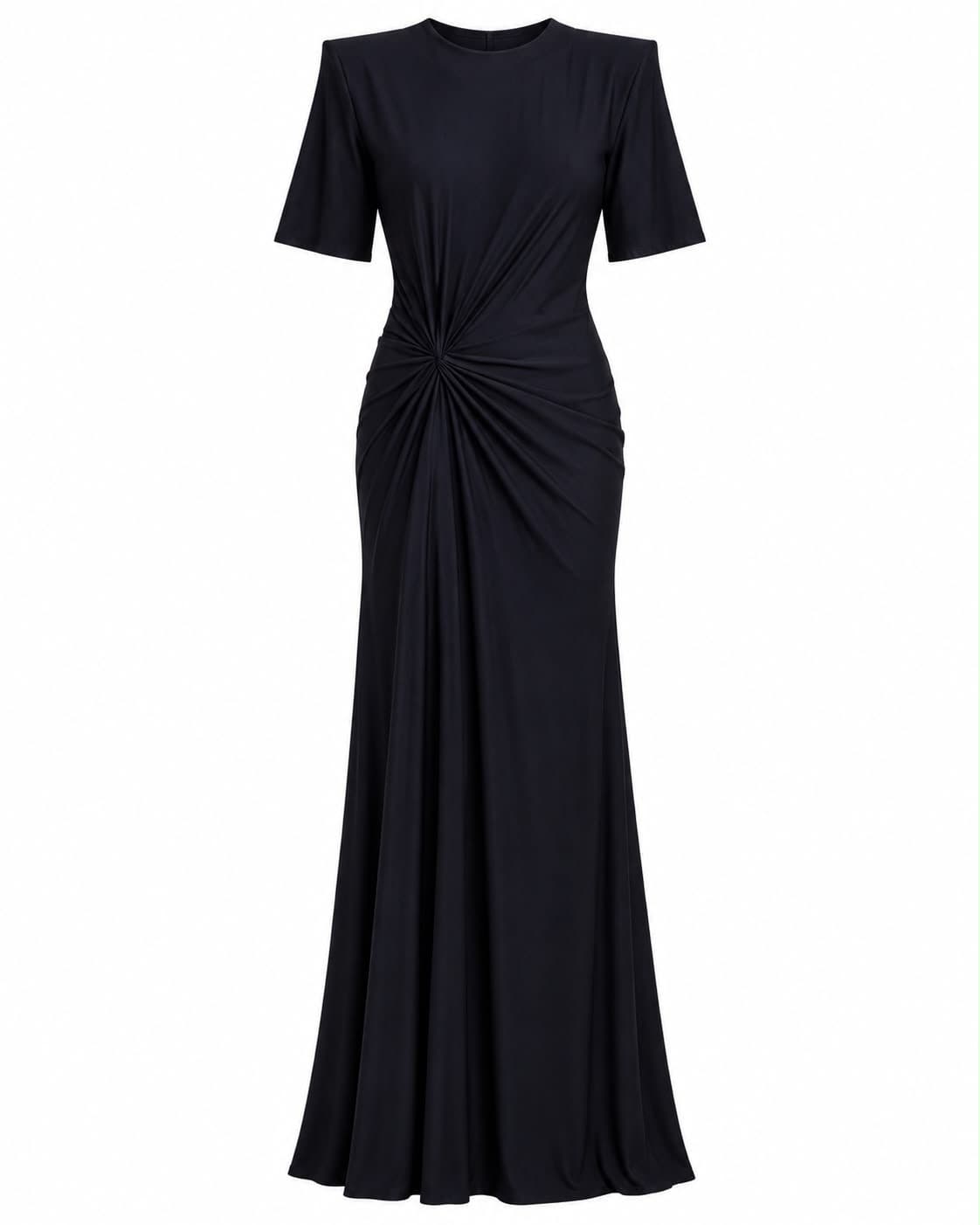 Navy jersey dress, front view, showing the short sleeves and twist knot at the waist
