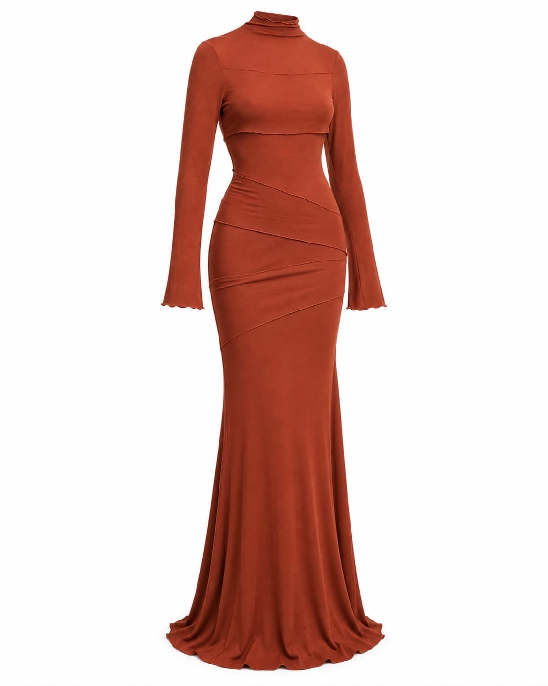 Rust floor-length jersey gown, front view, showing the wrapped ruching and flared hem
