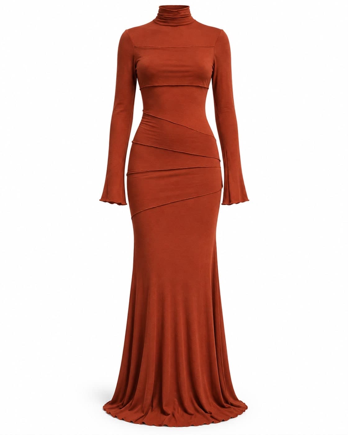 Rust jersey gown, three-quarter view, showing the drape across the hip