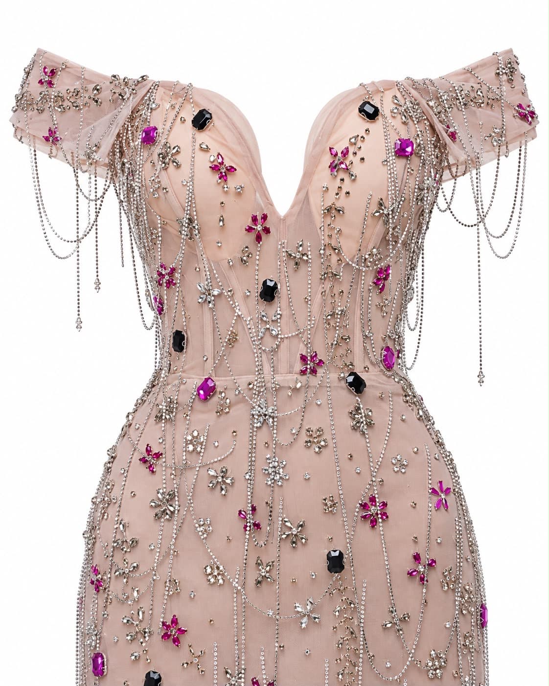 Crystal and floral beading on the bodice