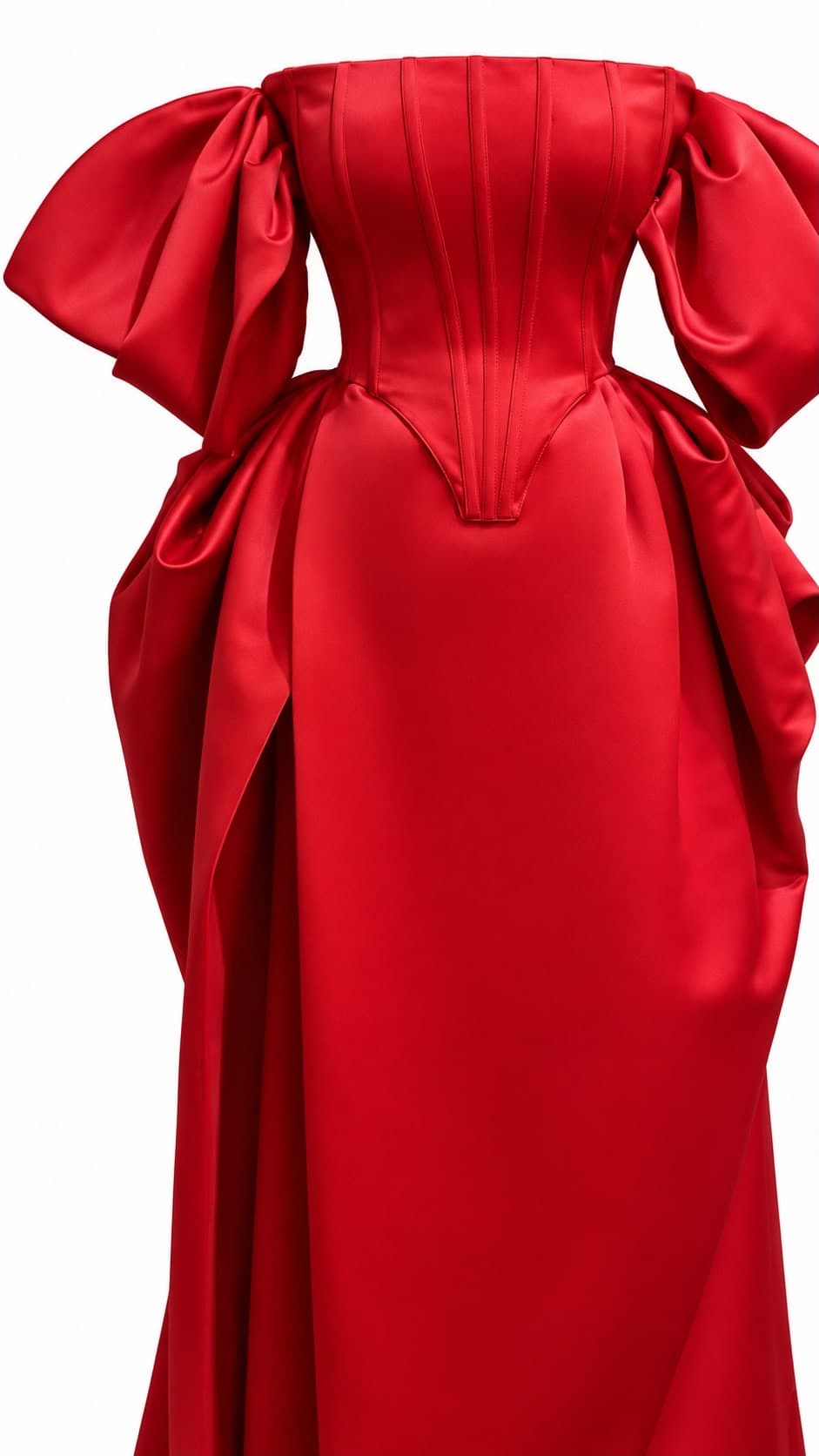 Red satin corset gown, three-quarter view, showing the puff sleeve and side drape