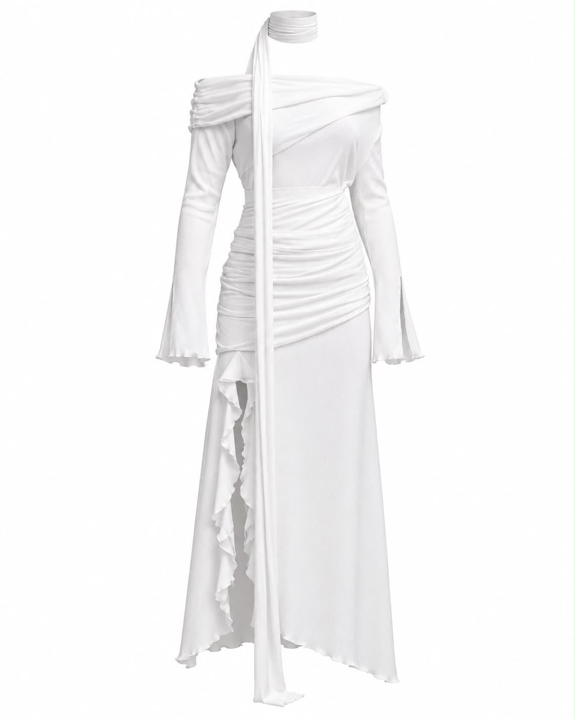 Ivory draped dress, three-quarter view, showing the ruched bodice and flared sleeves