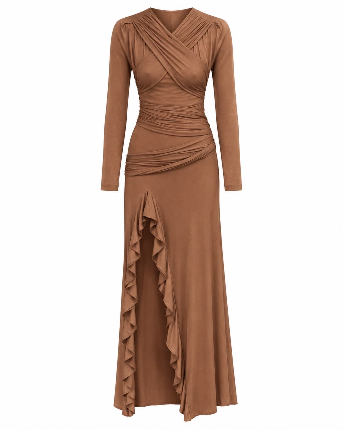 Camel jersey dress, front view, showing the cross-draped bodice and ruffled slit