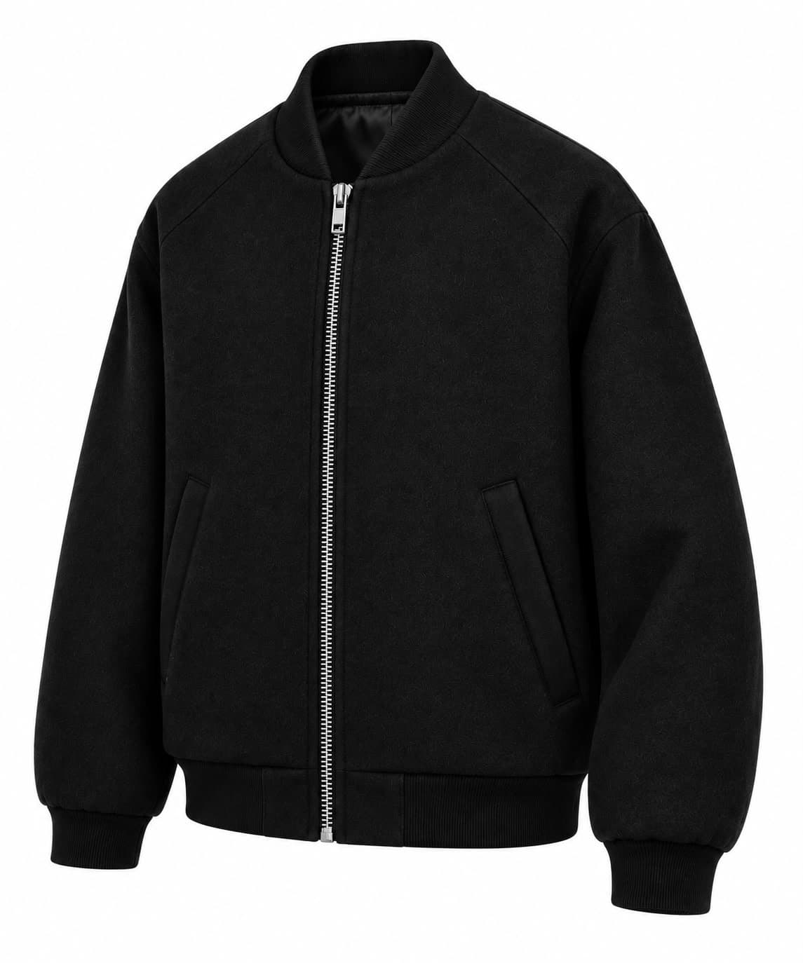 Black wool bomber jacket, front view, showing the ribbed stand collar, silver zip and welt pockets