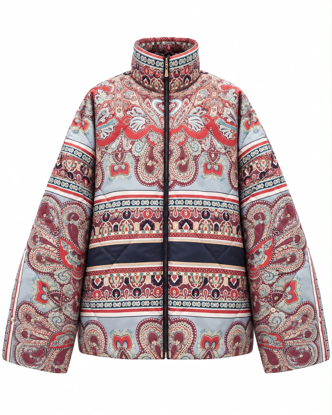 Paisley puffer jacket, front view, zipped, showing the all-over red and blue print