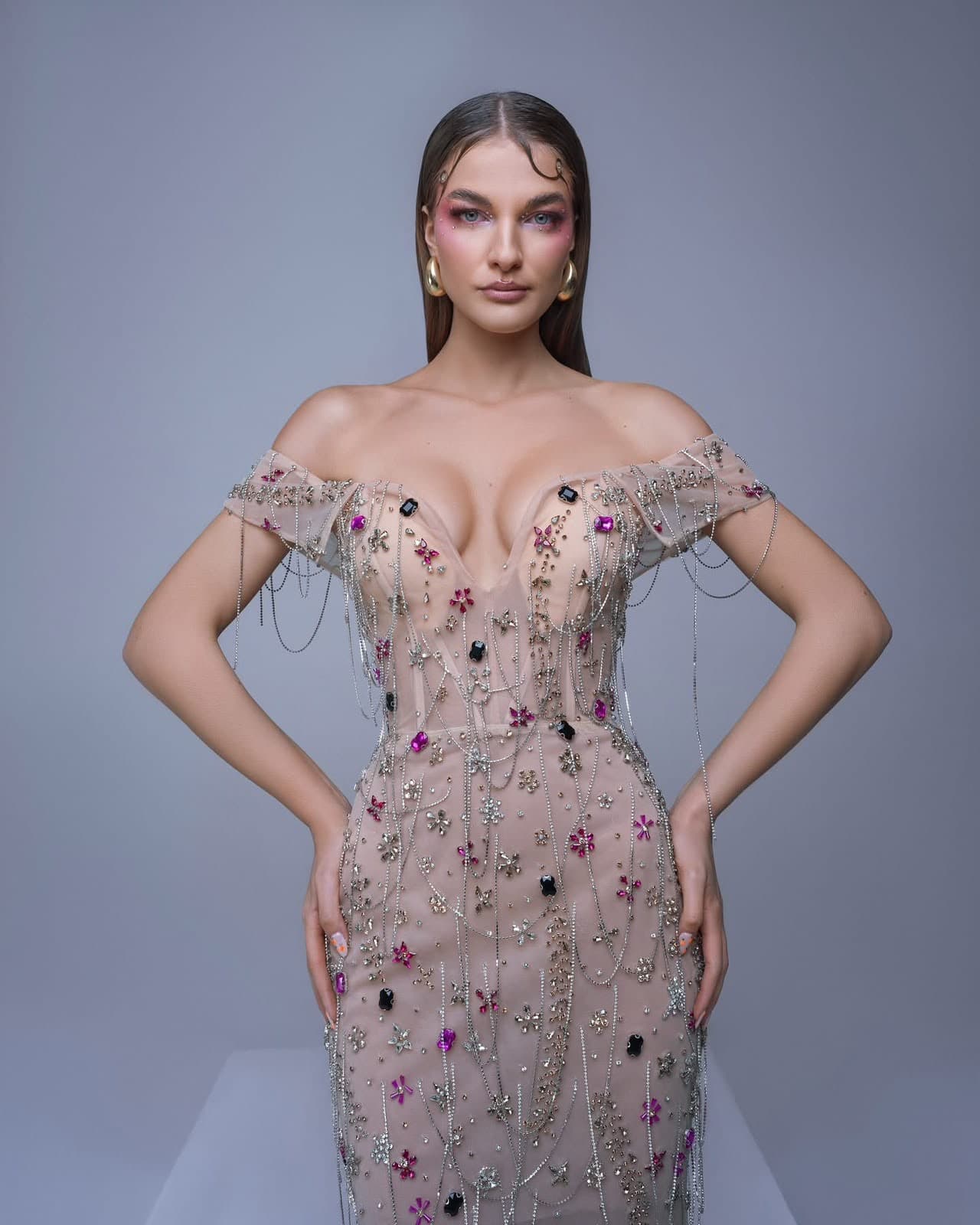Rose Cristal Gown worn, front view