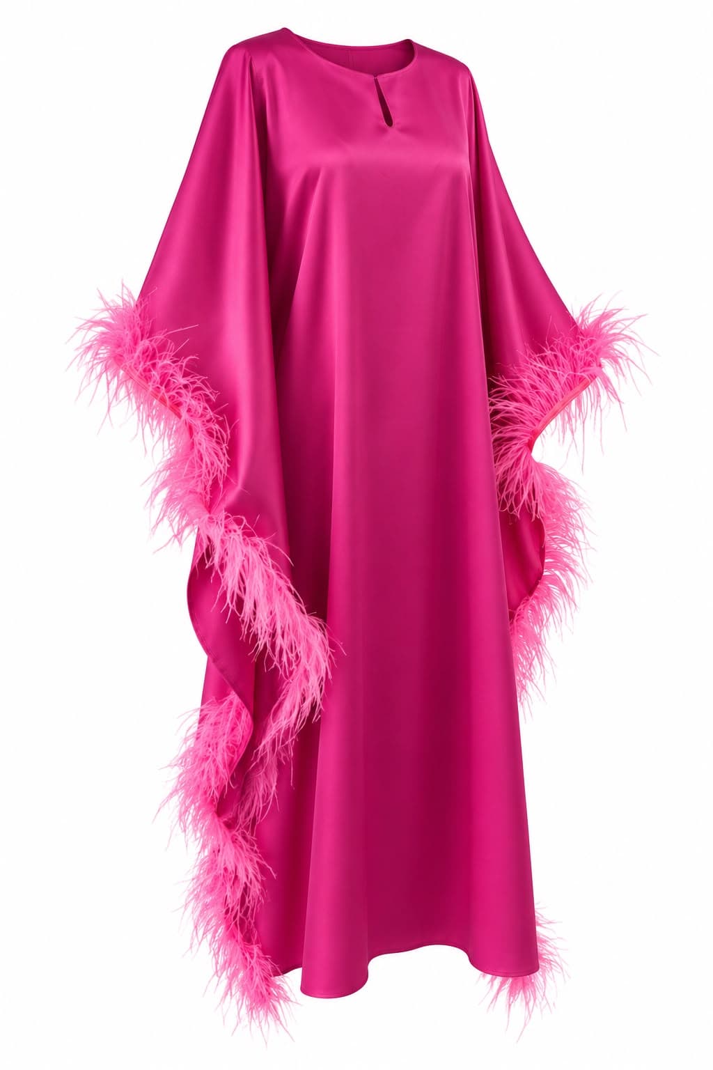Plume Fuchsia Kaftan, front with the cape sleeves extended