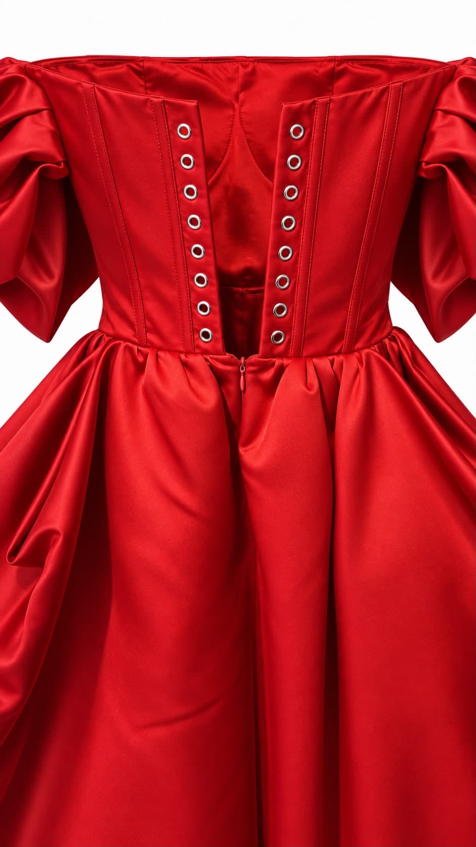 Close-up of the eyelet lacing at the back of the red satin corset bodice