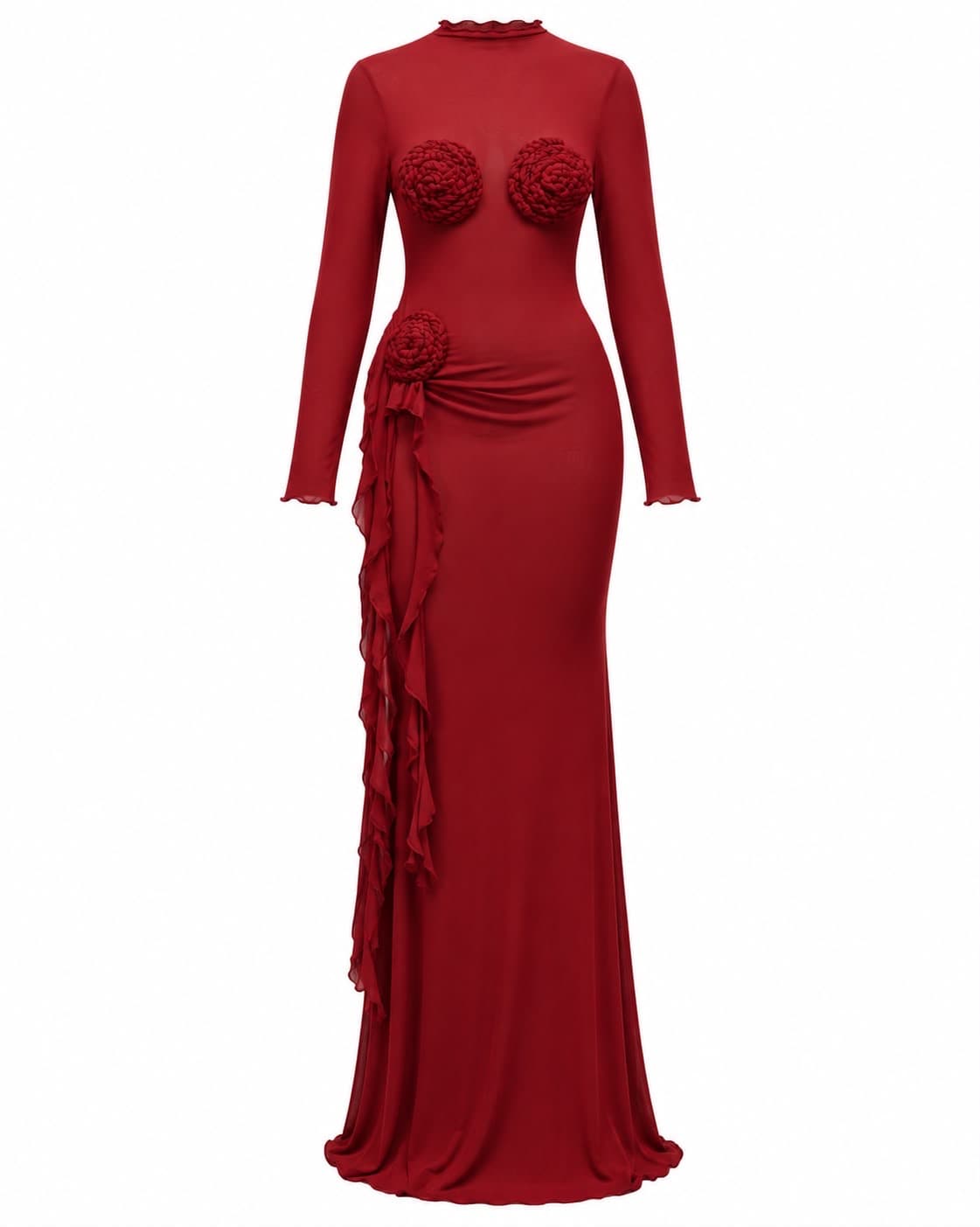 Red jersey gown, front view, full length with ruffled skirt