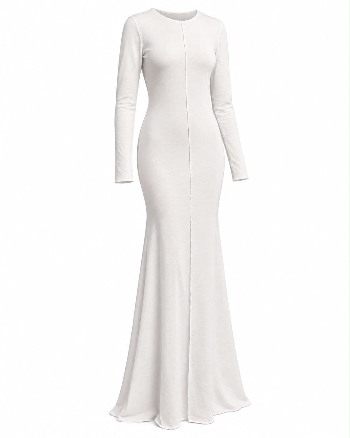 Ivory ribbed jersey gown, front view, showing the round neck, long sleeves and flared hem